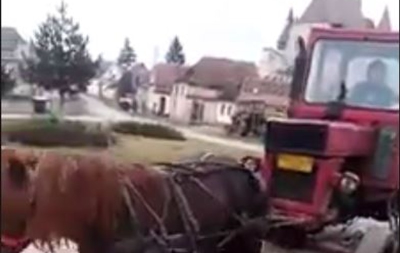 IMAGINI ȘOCANTE! Un cal trage un tractor pe o stradă din România (VIDEO)