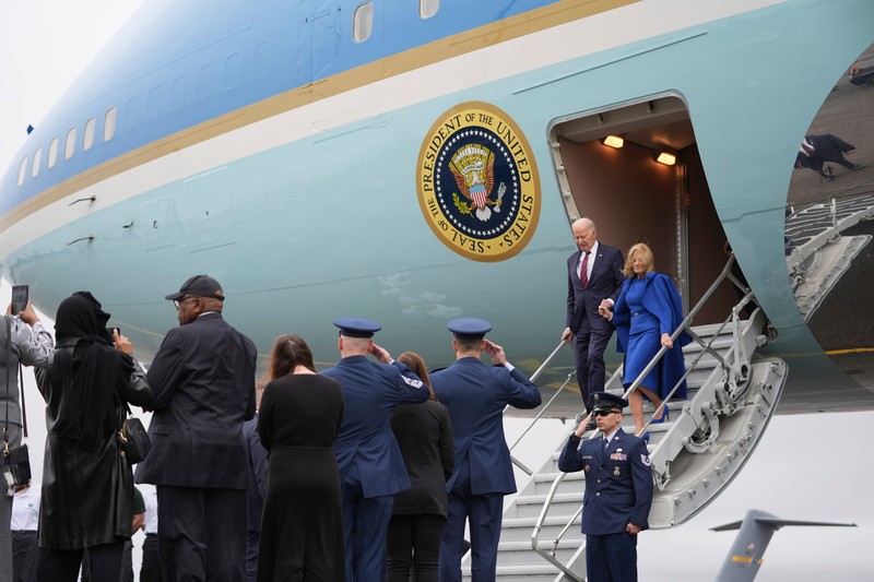 President Joe Biden and first lady Jill Biden arrive on Air Force One at Charleston Air Force Base in Charleston, S.C., Sunday, Jan. 19, 2025.,Image: 955351177, License: Rights-managed, Restrictions: This content is intended for editorial use only. For other uses, additional clearances may be required., Model Release: no, Pictured: Jill Biden,Joe Biden