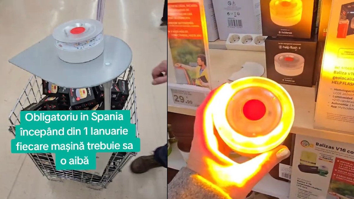 Baliza luminoasa, lampa v-16 care va înlocui triunghiul reflectorizant în Spania, pe rafturile unui supermarket.