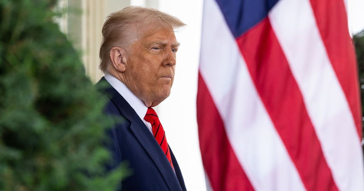Donald Trump privește în zare lângă un steag al Statelor Unite