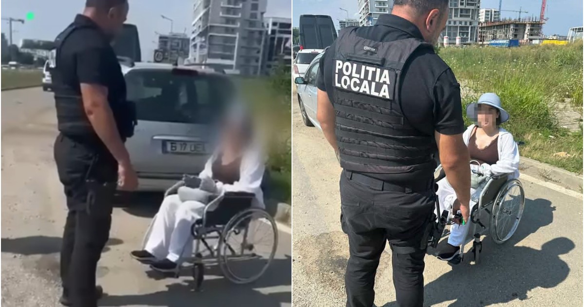 Imaginea surprinde un polițist local care discută cu o tânără aflată într-un scaun cu rotile, pe marginea unei străzi din București. Verificările oamenilor legii au dus la identificarea unei mașini parcate în apropiere, în care se afla mama tinerei, în cadrul unei anchete privind suspiciuni de exploatare prin cerșetorie.