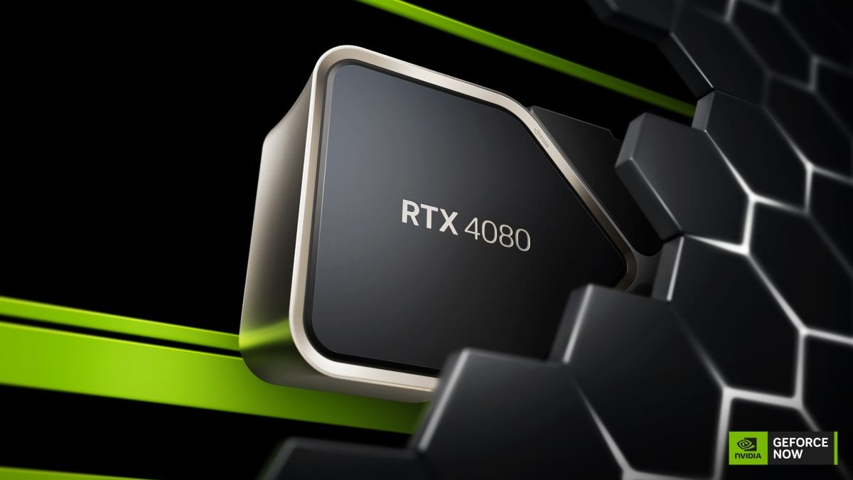 Poza de publicitate pentru NVIDIA GeForce NOW, care afișează o placă video GeForce RTX 4080 în fața unui fundal negru cu verde.