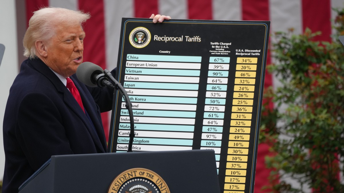 Donald Trump, îmbrăcat într-un sacou negru, stă afară, la un pupitru, are un microfon în față și vorbește. În spate, un tabel cu tarife