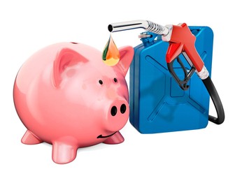 Save money and fuel concept. Piggy bank with fuel pump nozzle and jerrycan, 3D rendering