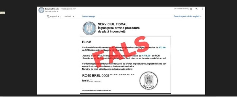 Exemplu de e-mail fals. Foto: ANAF