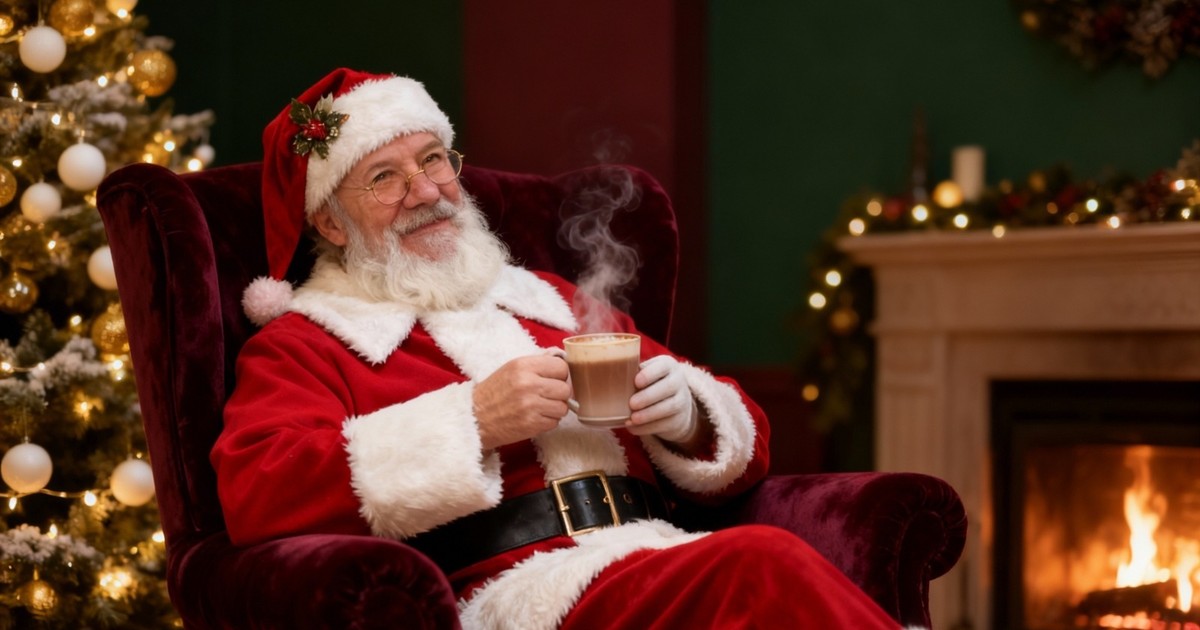 Mos Craciun bea o cafea