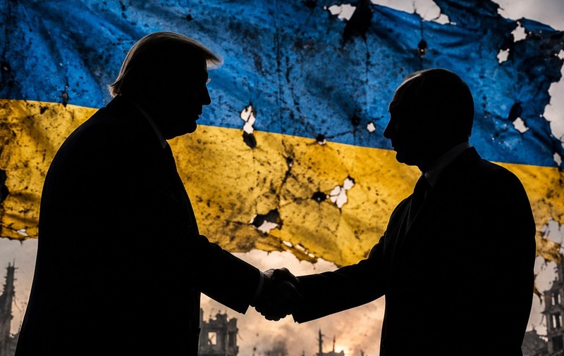 Trump este aspru criticat pentru alegerea sa de a-l favoriza Rusia. Imagine ilustrativă cu Trump și Putin dând mâna pe fundat cu steagul sfârtecat al Ucrainei Sursa foto: Profimedia