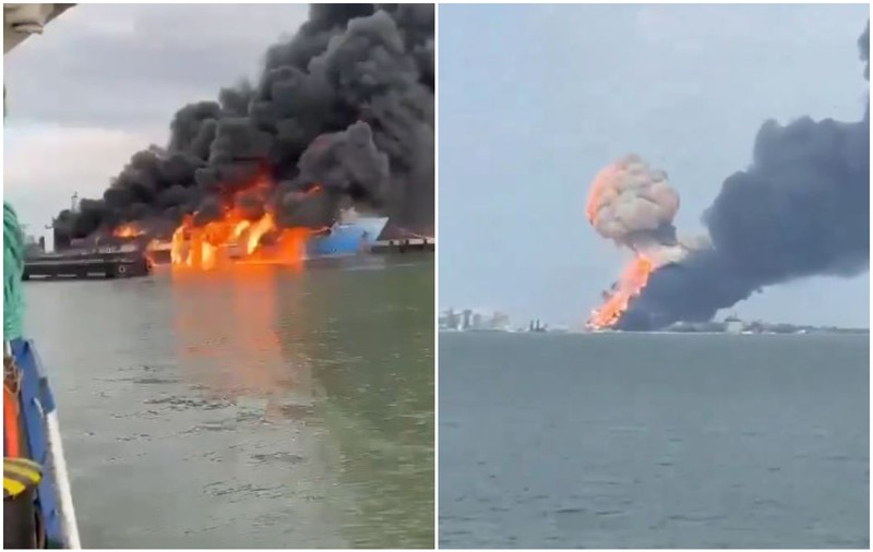 Incendiu în portul rusesc Kavkaz, după un atac ucrainean. Un feribot cu rezervoare de combustibil, scufundat. VIDEO