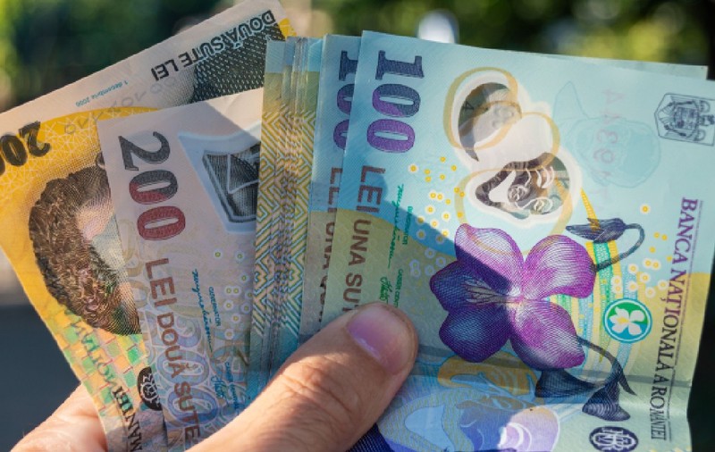Mână ținând bani românești. Bancnote românești de 100 și 200 de lei ținute în mână