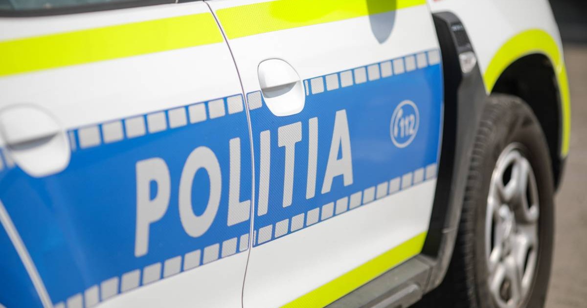 O mașină de poliție inscripționată cu albastru și cu verde neon, în timp ce este parcată pe marginea drumului