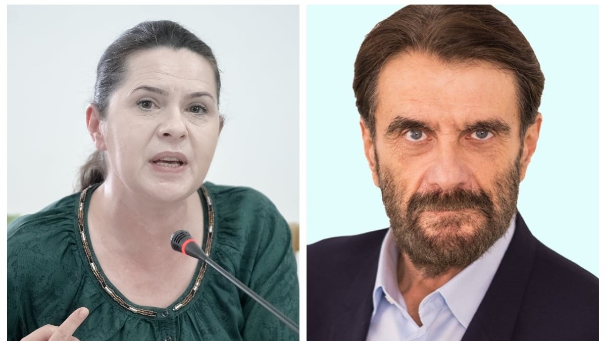 Colaj cu Adriana Săftoiu îmbrăcată într-o bluză verde vorbind la microfon și Robert Cristian Schwartz în costum închis la culoare și cămașă bleu.