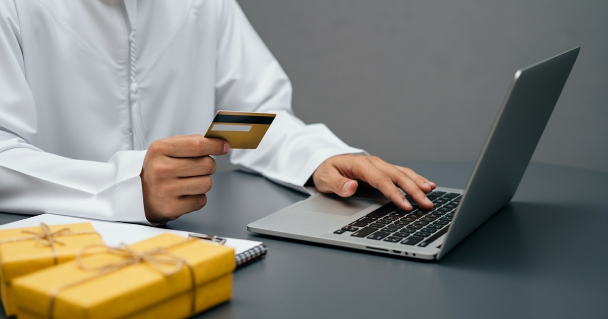 Bărbat cu un card în mână în fața unui laptop