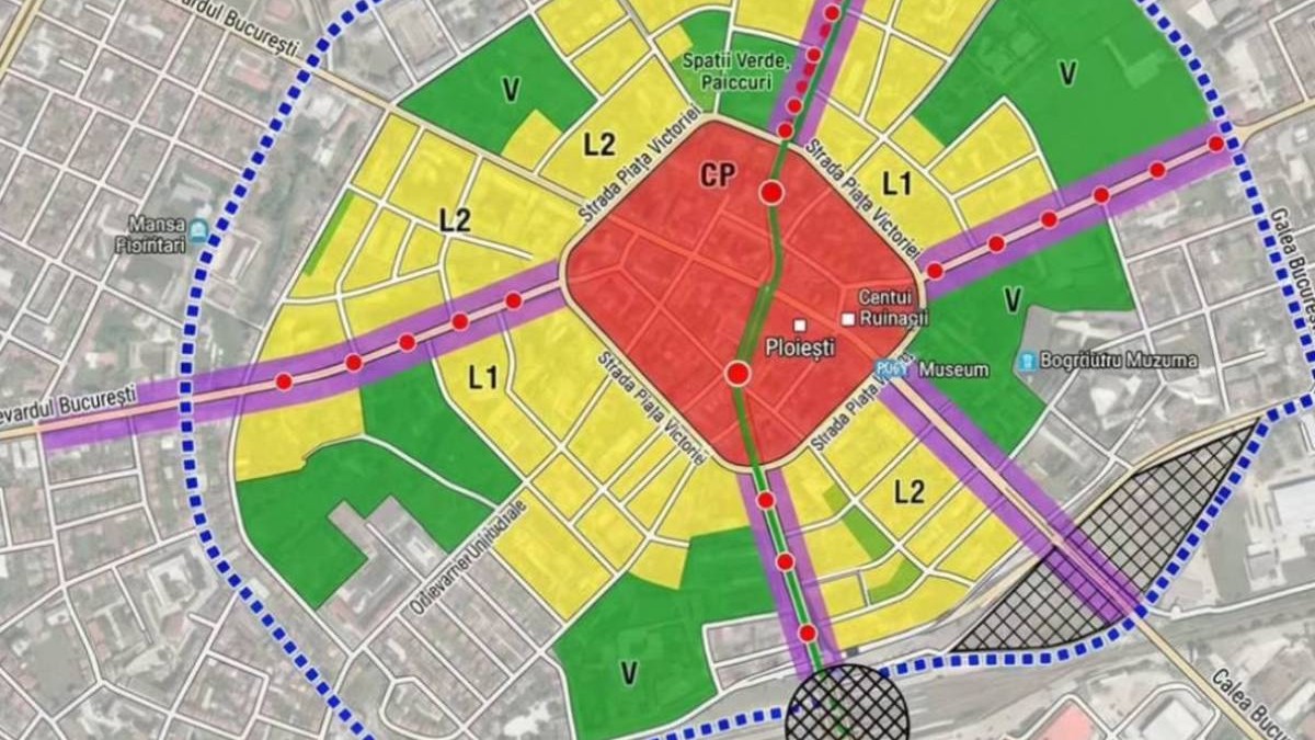 Imaginea publicată de Primăria Ploiești pentru viitorul PUG, colorata in zone rosii, galnene, versi, mov si gri, arată un oraș fictiv, cu străzi care nu există în realitate.