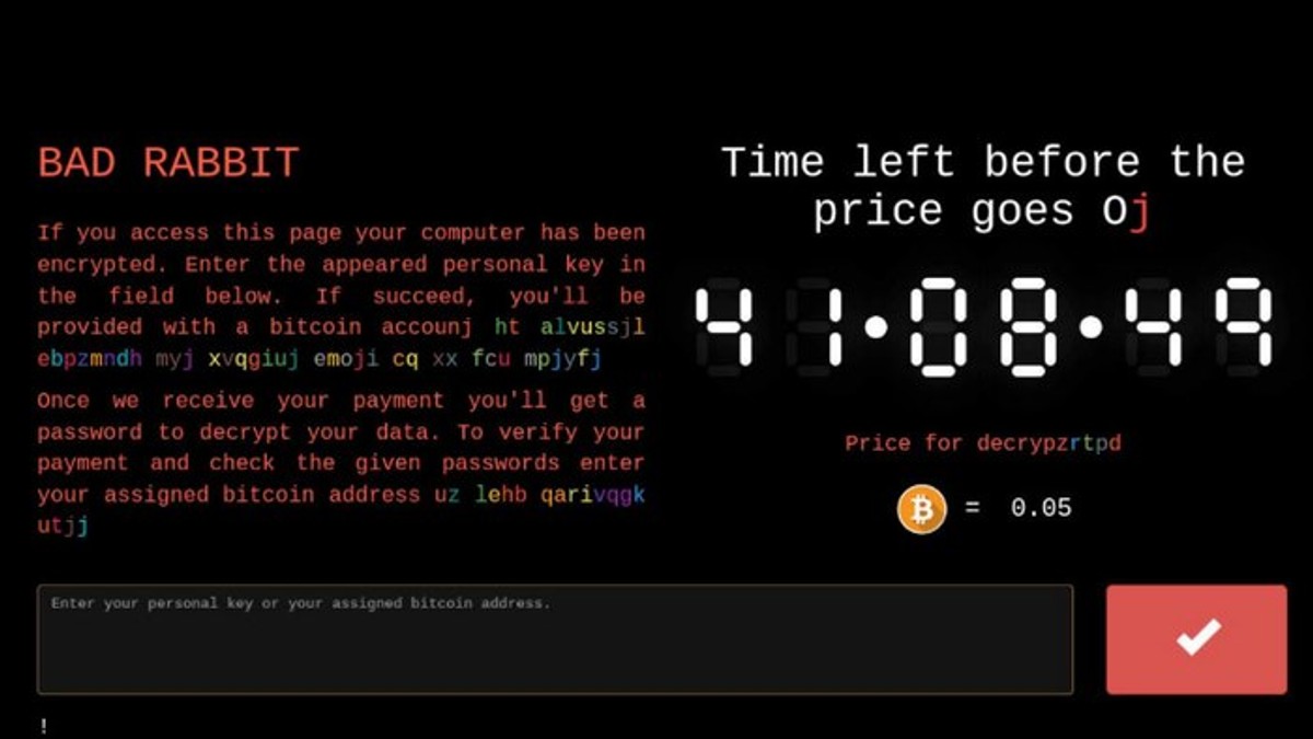 Virusul informatic BadRabbit atacă și Bulgaria, după ce a afectat în principal și Rusia și Ucraina. Acesta se răspândește prin site-urile presei ruse. Captură de ecran cu ransomware BadRabbit pe fundal negru