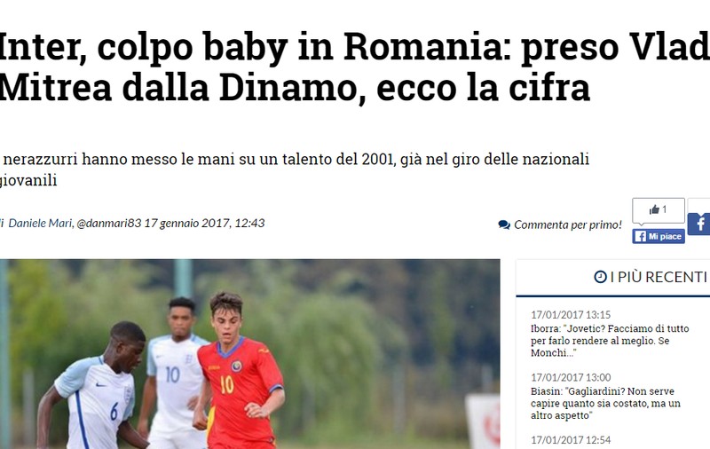 Vlad Mitrea a fost luat de Inter. Este văzut ca urmașul lui Cristi Chivu