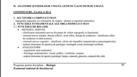 Programa Anatomie Bac 2021