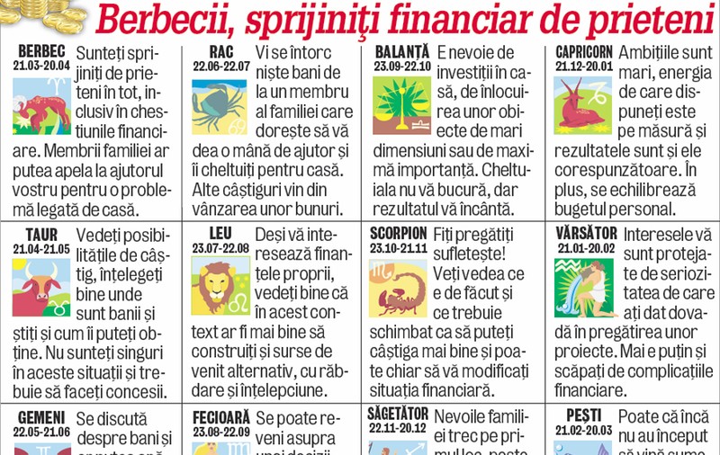 Cum stăm cu banii săptămâna viitoare | Berbecii, sprijiniţi financiar de prieteni