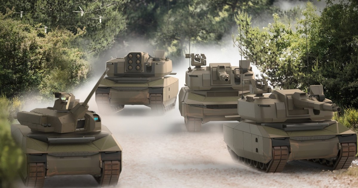 Această reprezentare a artistului difuzată pe 26 aprilie 2024 de KNDS, o divizie a producătorului de arme Nexter Systems, deținut de guvernul francez, arată tancuri de luptă avansate denumite Main Ground Combat System (MGCS) și drone (sus, în stânga). Franța și