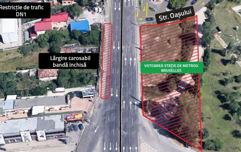 Hartă aeriană schematică a unei șosele (DN1) indicând organizarea de șantier și restricțiile de trafic aferente lucrărilor la viitoarea stație de metrou Bruxelles