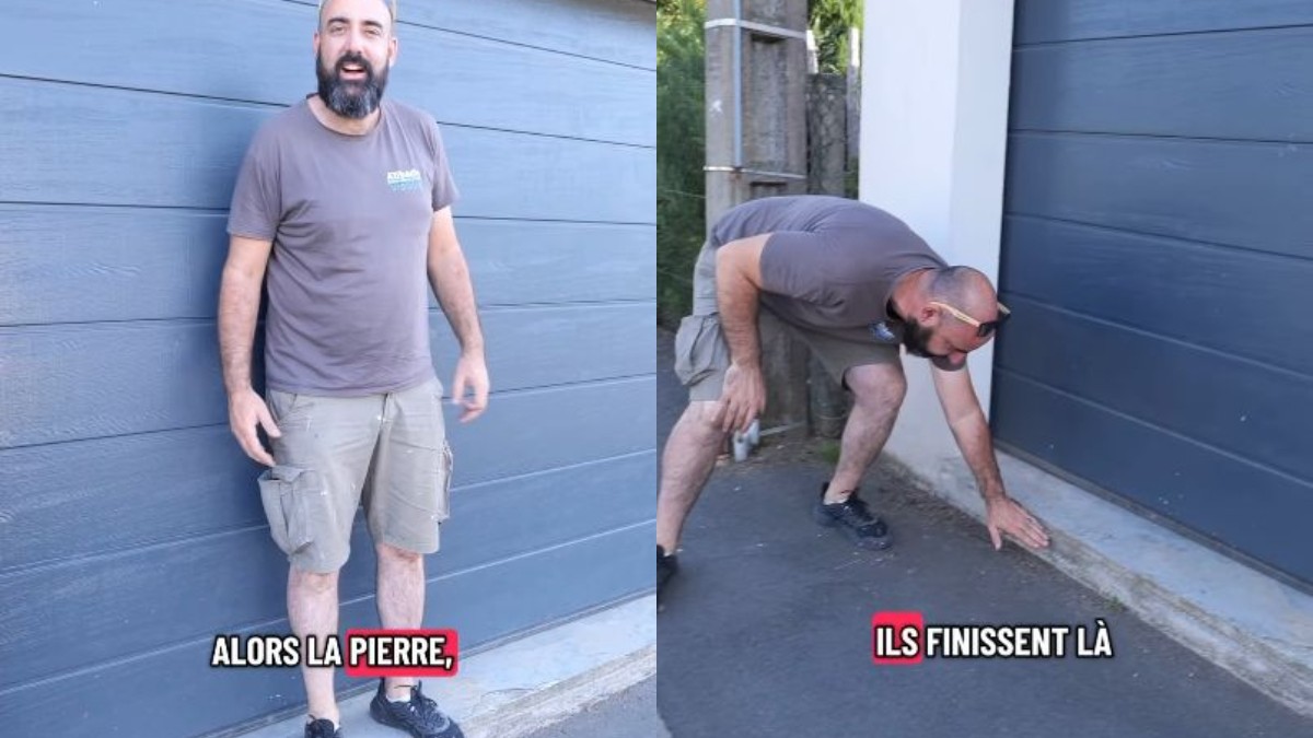 Un colaj cu două fotografii în care apare un bărbat care arată spre o bordură din fața garajulu, este chel, are barda neagră și poartă haine sport