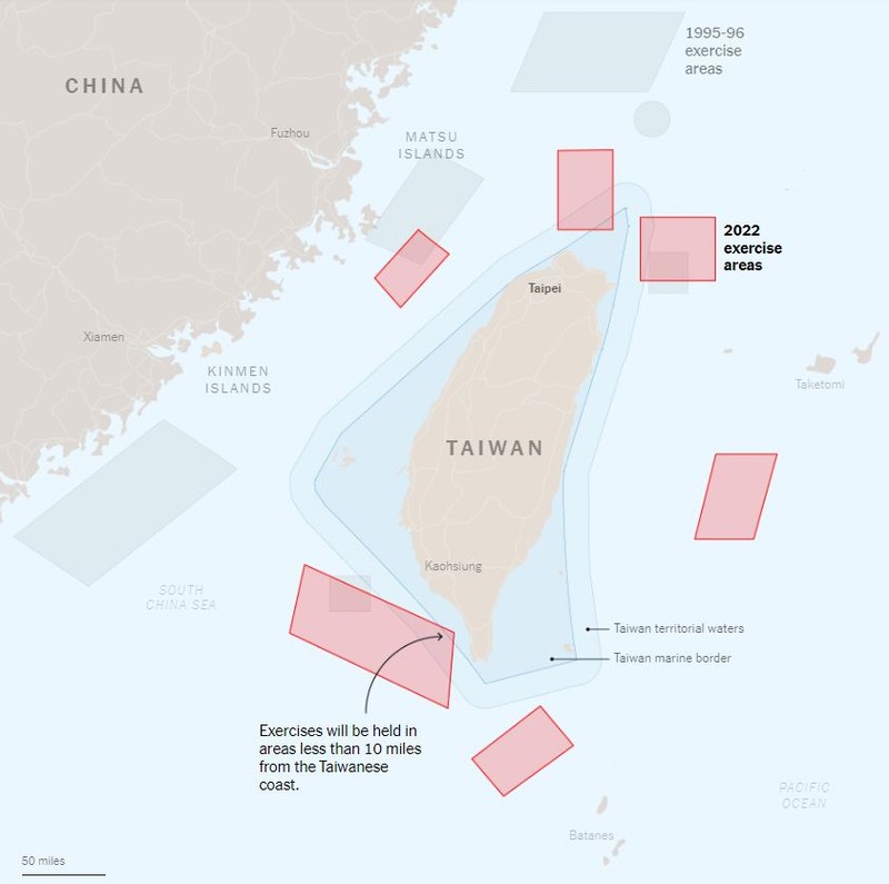 Zonele hașurate cu roșu arată locul actualelor exerciții militare chineze. Zonele hașurate cu gri arată locul exercițiilor desfășurate în 1995 și 1996. Sursa: New York Times