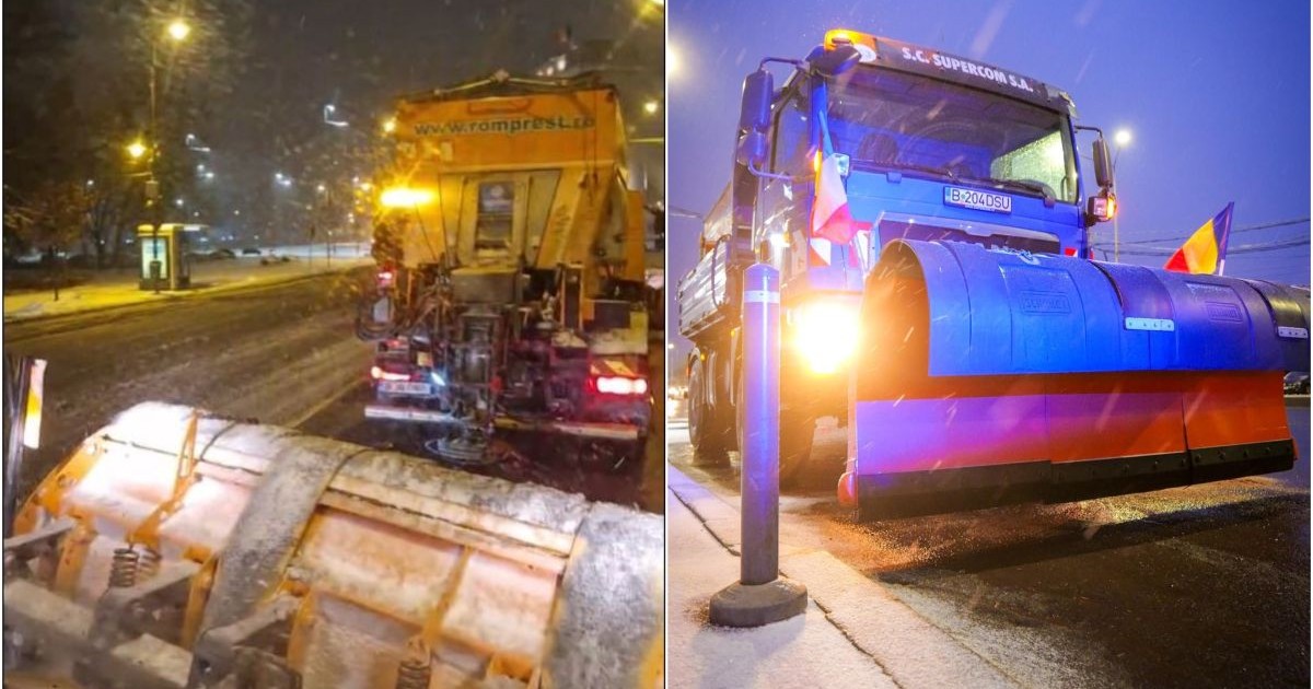 Utilaje de deszăpezire pe străzi care îndepărtează zăpada, Romprest și Supercom, în sectoarele 1 și 2 din București