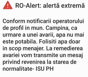 Mesajul RO-Alert primit de locuitorii din Câmpina