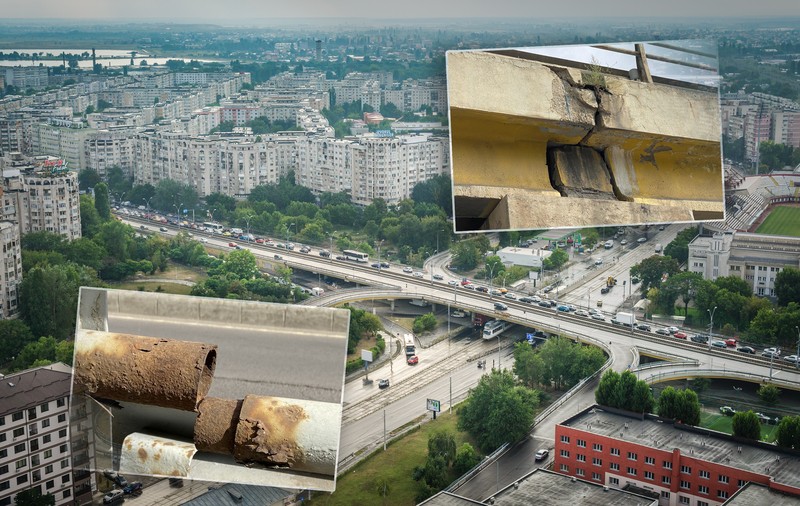 Balustrade lipsă sau ruginite, bucăți de beton care stau să cadă, structură de rezistență într-o stare precară. Cum arată Podul Grant, care intră în reparații pentru doi ani