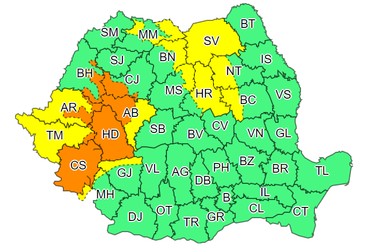 Harta zonelor aflate sub atenționare meteo de cod galben și cod portocaliu, până duminică, 26 decembrie, ora 12.00 | Foto: meteoromania.ro