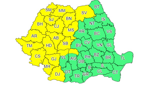 Zonele aflate sub cod galben de vijelii de luni, 29 august, până pe 30 august, ora 10.00