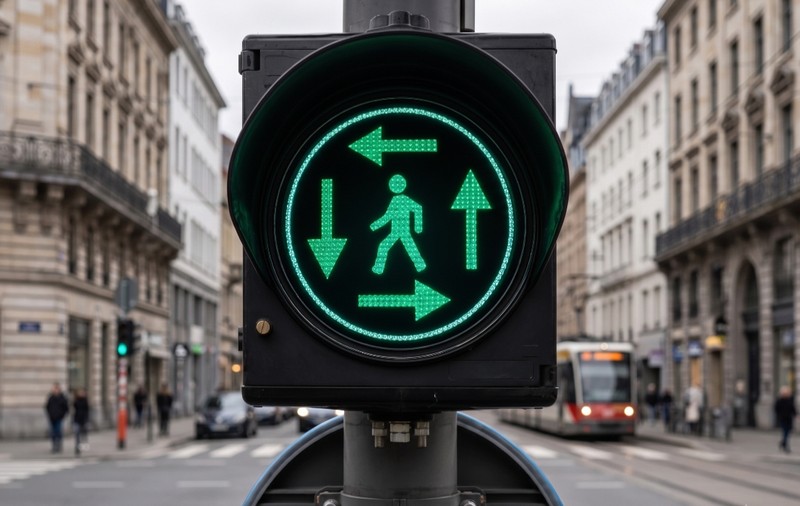 Ce înseamnă semaforul cu un pieton înconjurat de săgeți verzi, aflat în unele intersecții din Belgia. Există și o variantă pentru bicicliști