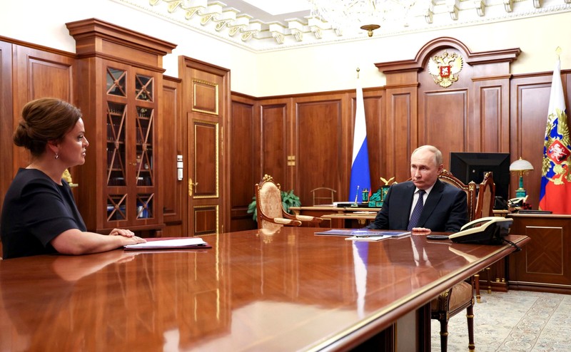 June 1, 2024, Moscow, Moscow Oblast, Russia: Russian President Vladimir Putin, right, speaks to the Defenders of the Fatherland Foundation Chair Anna Tsivilyova, left, during face-to-face meeting at the Kremlin, June 1, 2024, in Moscow, Russia.,Image: 878387580, License: Rights-managed, Restrictions: *** HANDOUT image or SOCIAL MEDIA IMAGE or FILMSTILL for EDITORIAL USE ONLY! * Please note: Fees charged by Profimedia are for the Profimedia's services only, and do not, nor are they intended to, convey to the user any ownership of Copyright or License in the material. Profimedia does not claim any ownership including but not limited to Copyright or License in the attached material. By publishing this material you (the user) expressly agree to indemnify and to hold Profimedia and its directors, shareholders and employees harmless from any loss, claims, damages, demands, expenses (including legal fees), or any causes of action or allegation against Profimedia arising out of or connected in any way with publication of the material. Profimedia does not claim any copyright or license in the attached materials. Any downloading fees charged by Profimedia are for Profimedia's services only. * Handling Fee Only ***, Model Release: no