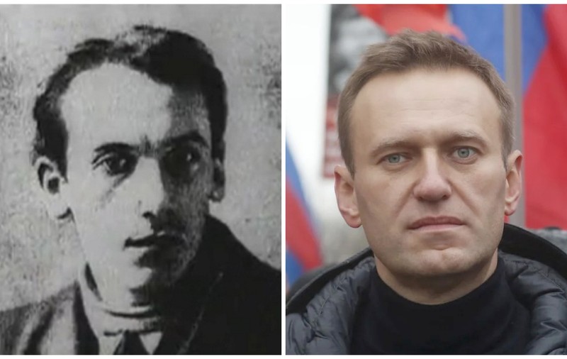 Poster cu șeful NKVD, responsabil de ridicarea sistemului GULAG și de moartea a mii de oameni, în secția de poliție unde a fost judecat Navalnîi