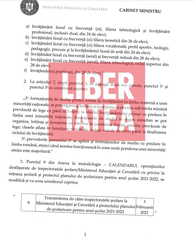 Ordinul de ministru pentru modificarea Metodologiei privind fundamentarea cifrei de școlarizare pentru învățământul preuniversitar de stat, obținut de Libertatea - pagina 2