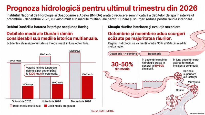 Prognoza hidrologică pentru trimestrul IV. Infografic realizat cu ajutorul Inteligenței Artificiale
