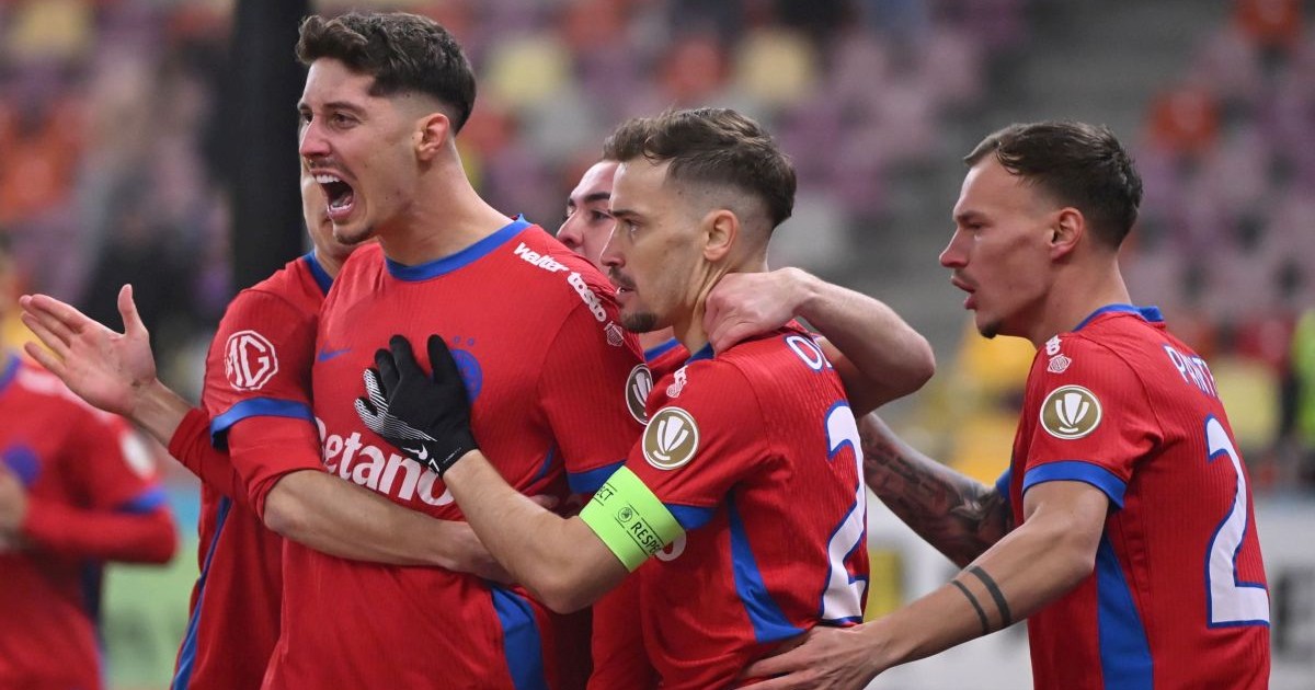 Bucurie a fotbalistilor ros-albastrii David Raul Miculescu, Mihai Vlăduț Toma, Darius Dumitru Olaru si Grigoraș Alexandru Pantea dupa un gol marcat in meciul de fotbal dintre FCSB si CFR Cluj, contand pentru Superliga Superbet, desfasurat pe Arena Nationala din Bucuresti, duminica 25 ianuarie 2026. © FOTO:Razvan Pasarica/SPORT PICTURES