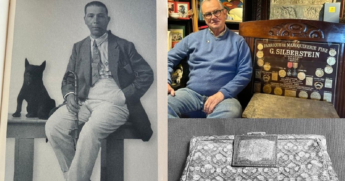 Guillaume Silberstein tânăr (în stânga, sprijinindu-se într-un baston, alături de un câine negru), nepotul Jil Solberstein și valiza bunicului său (dreapta sus) și una dintre gențule create de „Louis Vuitton avant la lettre”