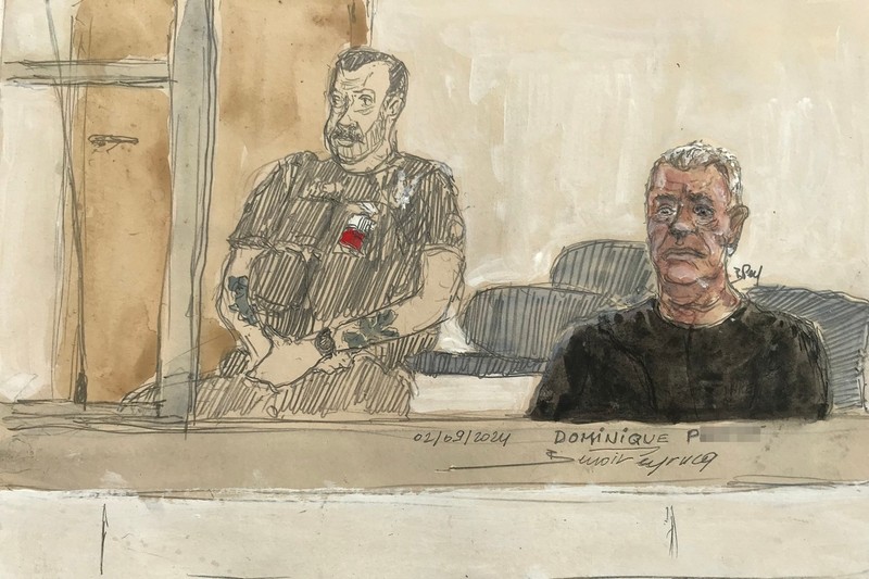 This court sketch made on September 2, 2024 shows defendant Dominique P. (R) during his trial in which he is accused of drugging his wife for nearly ten years and inviting strangers to rape her at their home in Mazan, a small town in the south of France, at the courthousein Avignon. The case involves 50 co-defendants. The defendants, 18 of whom are on remand, are men aged between 21 and 68 at the time of the events.,Image: 904065232, License: Rights-managed, Restrictions: , Model Release: no