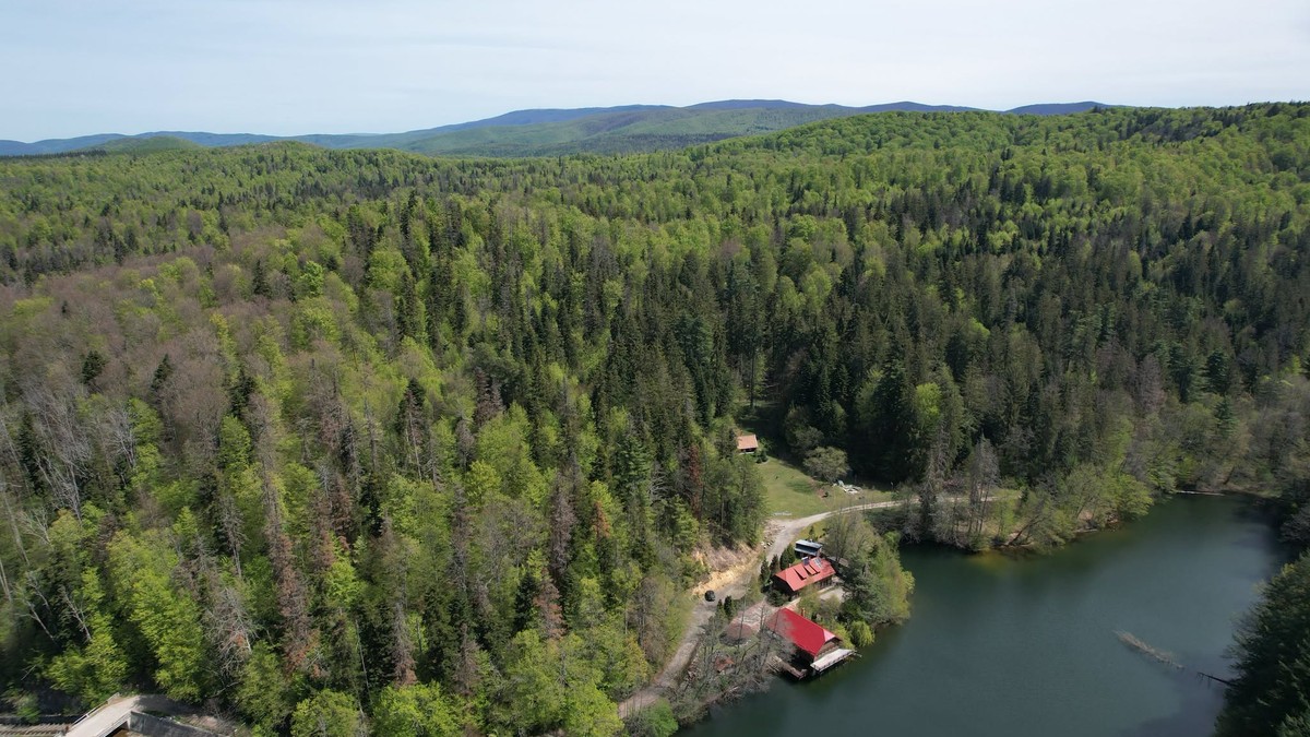 Imagine aeriană cu Lacul Buhui, primul lac de acumulare artificial din România construit pe calcare