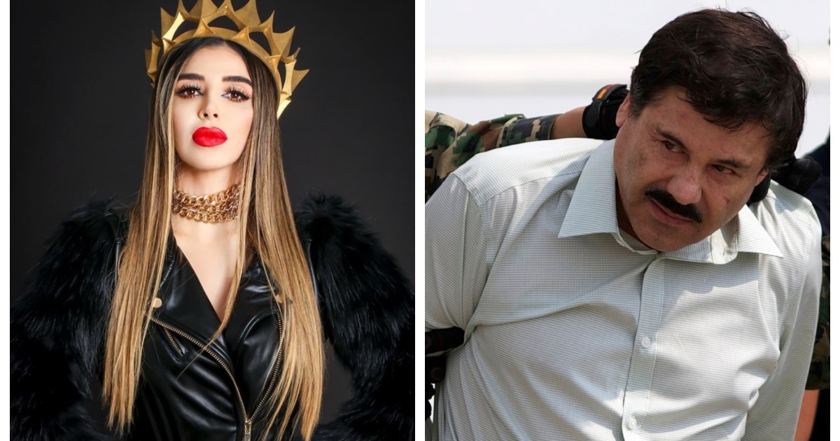 Colaj realizat din două fotografii: stanga cu Emma Coronel Aispuro, îmbrăcată toată în negru cu o coroană autie pe cap, în dreapta, El Chapo de când a fost arestat.