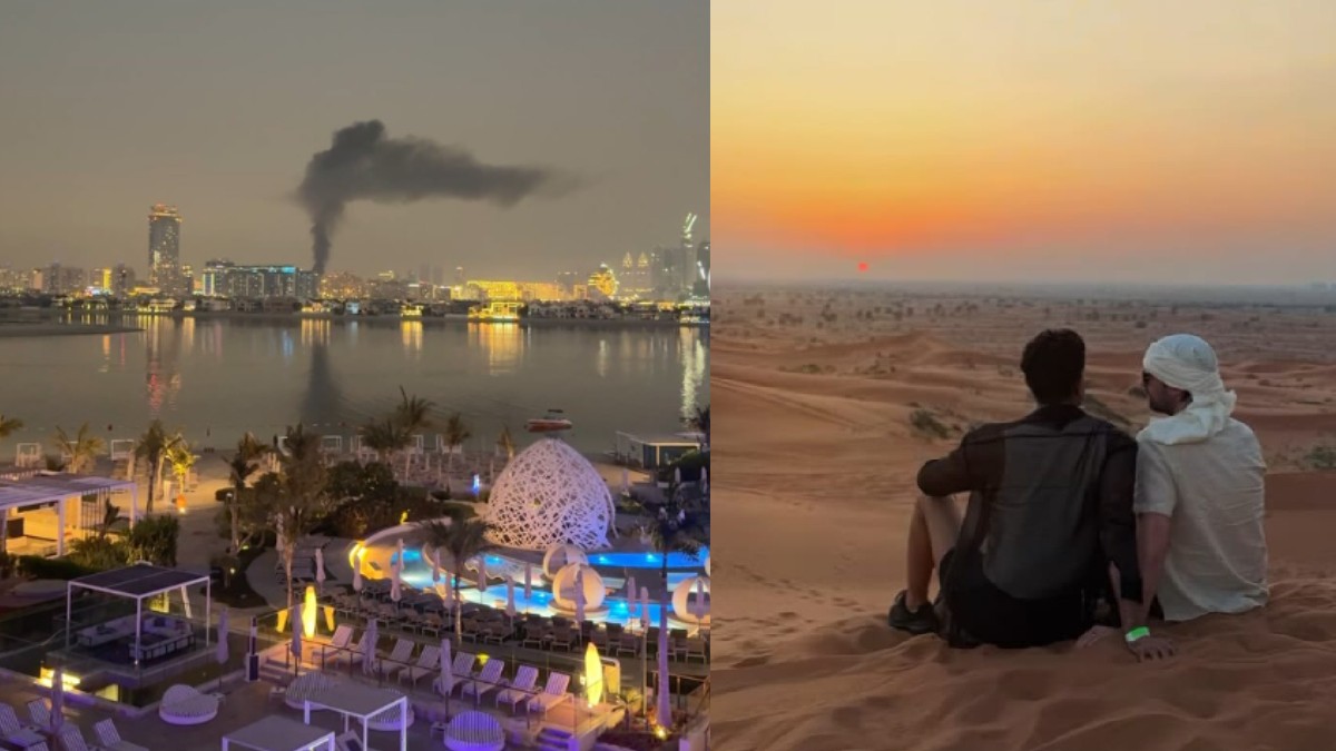 Un colaj - Hotel din DUvai cu un nor negru d efum deasupra// un cublu in dunele de nisip de lângă Dubai