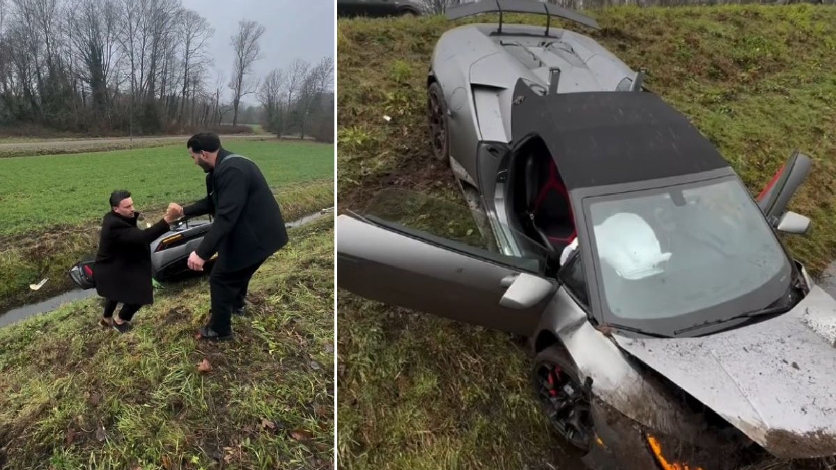 Colaj din două fotografii. În stânga, un bărbat îmbrăcat într-o haină neagră ajută un alt bărbat să iasă dintr-un șanț. În dreapta, o mașină argintie avariată, după un accident.