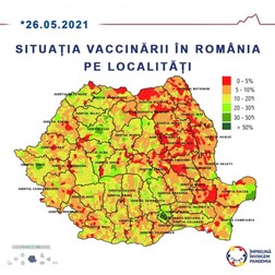 Harta CNCAV cu situația vaccinării în România. Cele mai multe localități slab vaccinate sunt în est - cu roșu e marcată o rată de imunizare de doar 0-5%