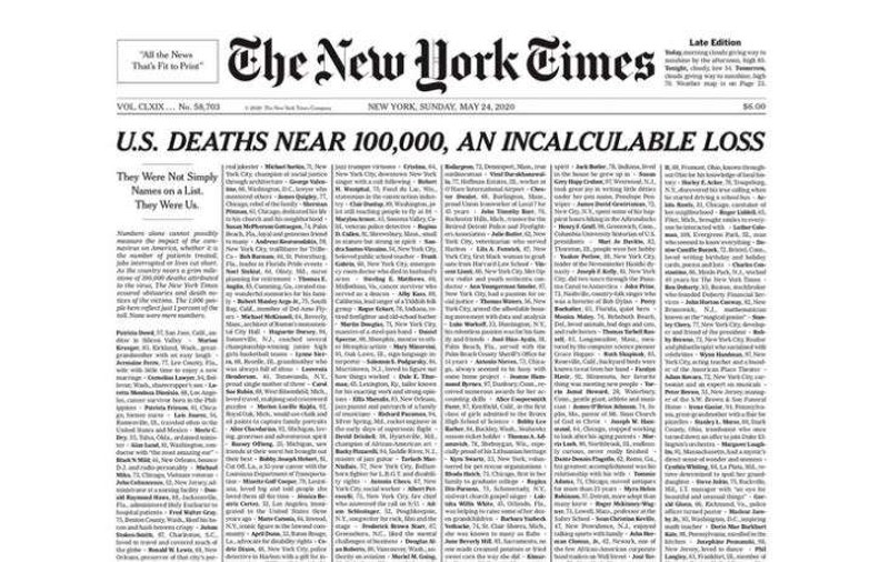 Prima pagină a ziarului New York Times, doar cu numele și descrierea persoanelor decedate din cauza COVID-19. „O pierdere incalculabilă”