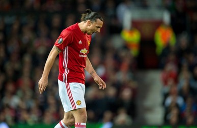 epa05917925 Manchester United's Zlatan Ibrahimovic reacts during the UEFA Europa League quarter final, second leg soccer match between Manchester United and RSC Anderlecht at Old Trafford in Manchester, Britain, 20 March 2017. EPA/PETER POWELL