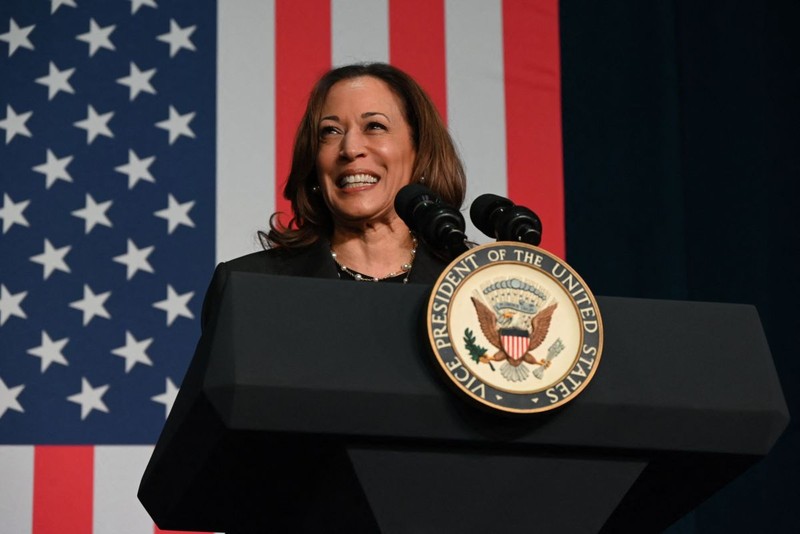 PORTAGE, MICHIGAN, UNITED STATES - JULY 17: Vice President of the United States Kamala Harris comments on the attempted assassination on Former U.S. President Donald J. Trump that happened during his rally on July 13 in Portage, Michigan, United States on July 17, 2024. Kyle Mazza / Anadolu/ABACAPRESS.COM