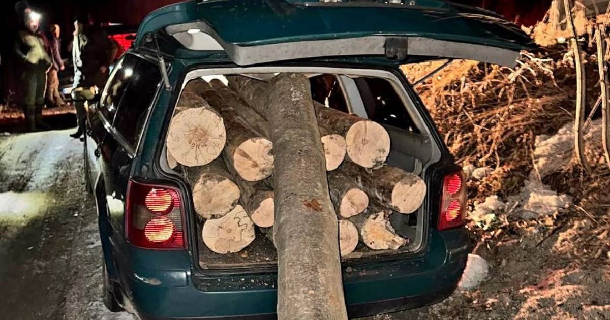 Mai mul'i bu;teni indesati intr-un autoturism Volkswagen Passat de culoare verde, noaptea, iarna, se vede autoturismul pe un drum cu zapada, în judetul Brașov, România