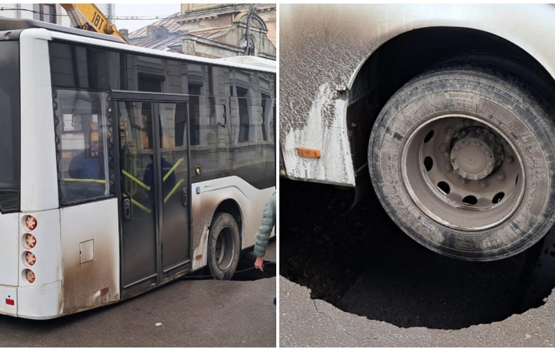Un autobuz cu pasageri din Brăila a rămas blocat după ce asfaltul s-a surpat sub roțile acestuia