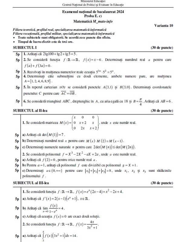 Baremul de corectare la matematică pentru Bacalaureat 2024, publicat pe EDU.ro