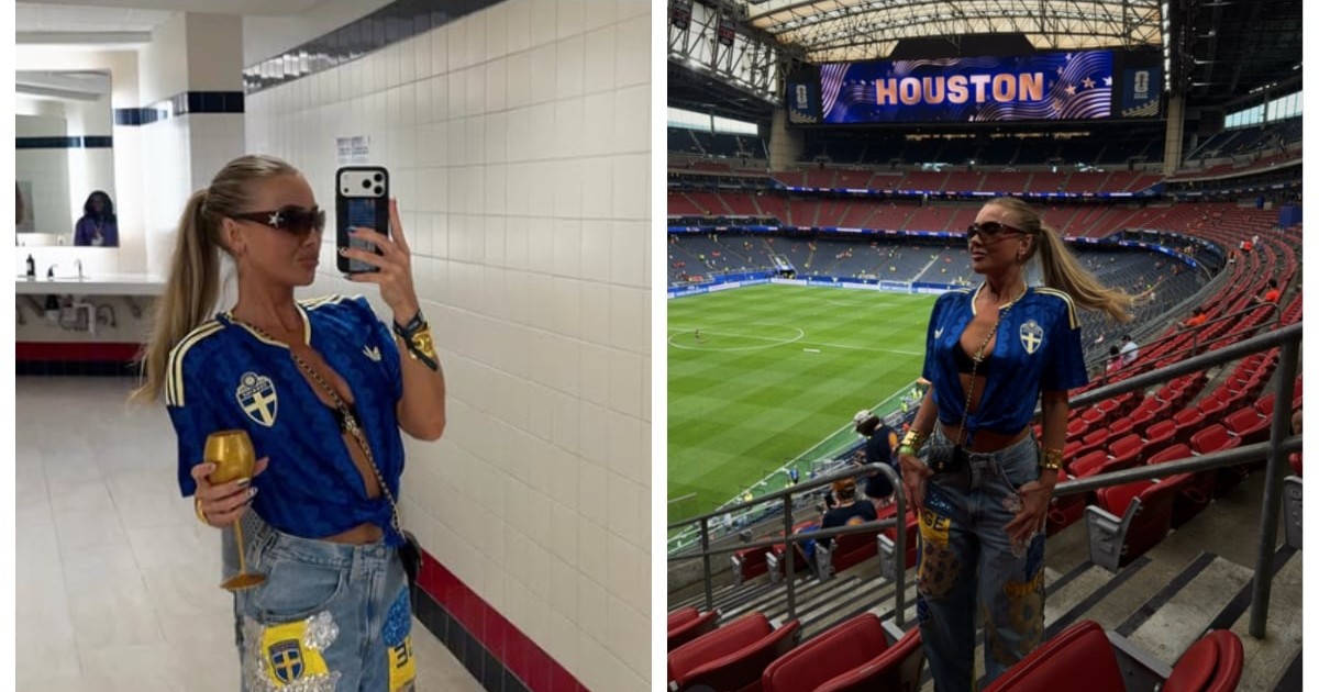 Hanna Friberg colaj din două fotografii cu Hanna îmbrăcată cu tricoul Suediei desfăcut pe mijloc și aratând foarte sexy.